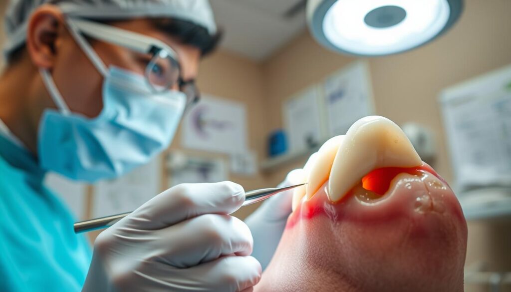 A dental clinic setting showcasing a close-up view of a dentist examining a patient's tooth under a bright overhead light. The dentist, dressed in professional attire with a mask and gloves, is using specialized dental tools to assess the tooth's condition. In the background, dental charts and tools are organized neatly, indicating a sterile environment. The focus is on the patient’s tooth, which displays symptoms of overload, such as slight discoloration or cracks. The lighting is bright and clinical, with emphasis on clarity and detail, creating a mood of professionalism and precision. A soft bokeh effect in the background highlights the foreground while ensuring a clear depiction of the diagnostic process. A dental clinic setting showcasing a close-up view of a dentist examining a patient's tooth under a bright overhead light. The dentist, dressed in professional attire with a mask and gloves, is using specialized dental tools to assess the tooth's condition. In the background, dental charts and tools are organized neatly, indicating a sterile environment. The focus is on the patient’s tooth, which displays symptoms of overload, such as slight discoloration or cracks. The lighting is bright and clinical, with emphasis on clarity and detail, creating a mood of professionalism and precision. A soft bokeh effect in the background highlights the foreground while ensuring a clear depiction of the diagnostic process.