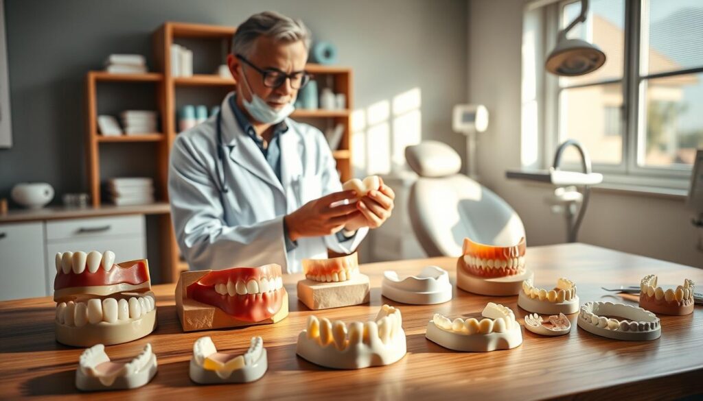 A dental clinic setting showcasing various types of dentures for edentulous patients. In the foreground, a display featuring a range of prosthetic teeth, including complete dentures and partial dentures, arranged neatly on a wooden countertop. The middle ground features a professional dentist in a white coat, examining a denture model with a focused expression, accompanied by dental tools. The background includes shelves with dental care products and a softly lit examination chair. Natural light filters in through a window, creating a warm and inviting atmosphere, with soft shadows enhancing the scene. The mood is informative and professional, ideal for a healthcare context. A dental clinic setting showcasing various types of dentures for edentulous patients. In the foreground, a display featuring a range of prosthetic teeth, including complete dentures and partial dentures, arranged neatly on a wooden countertop. The middle ground features a professional dentist in a white coat, examining a denture model with a focused expression, accompanied by dental tools. The background includes shelves with dental care products and a softly lit examination chair. Natural light filters in through a window, creating a warm and inviting atmosphere, with soft shadows enhancing the scene. The mood is informative and professional, ideal for a healthcare context.