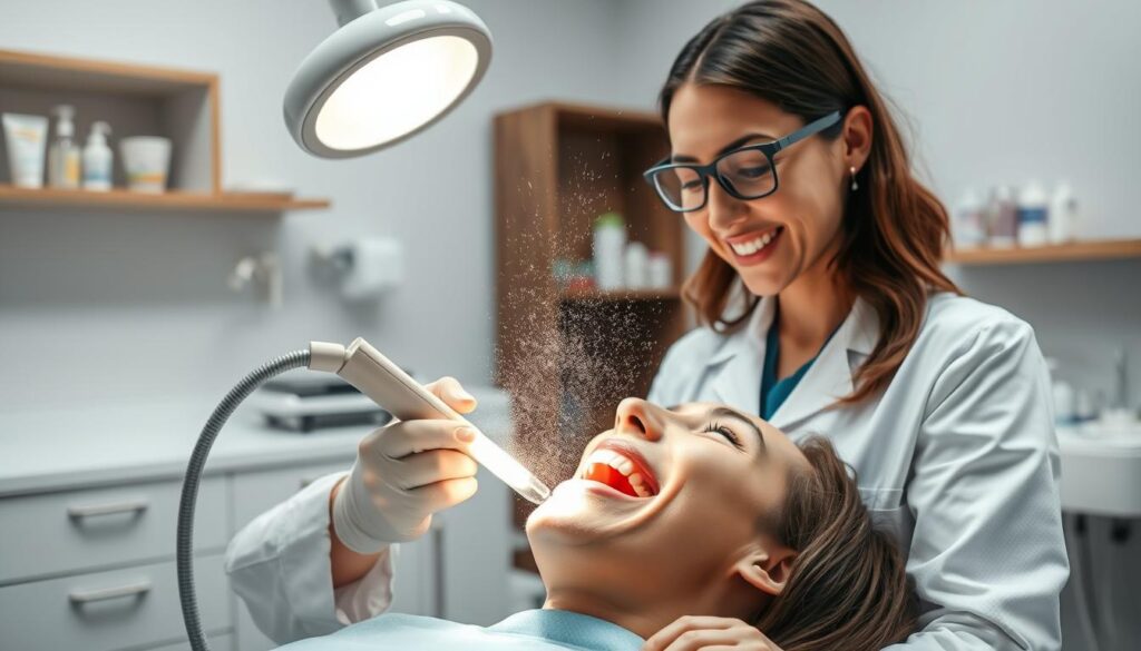 A dental hygienist in a professional white coat working in a modern dental clinic, performing a teeth sandblasting procedure on a patient sitting in a dental chair. The dentist is using a specialized sandblasting tool, with fine particles visible in the air, sparkling under bright, clinical lighting. The patient's mouth is open, showcasing clean, polished teeth, surrounded by dental equipment. In the background, shelves display dental products and instruments, adding authenticity to the clinic environment. The atmosphere is calm and sterile, reflecting a sense of professionalism and care. The image is taken from a slight angle to capture both the dentist's focused expression and the patient's relaxed demeanor, conveying the effectiveness and results of the teeth sandblasting process.