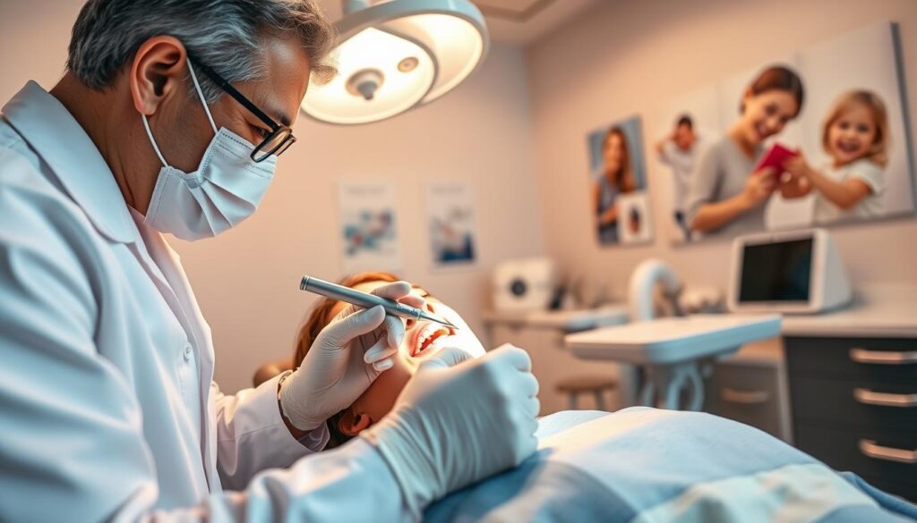 A dental professional performing a teeth polishing procedure on a patient in a modern dental clinic. In the foreground, a dentist in a white coat, wearing gloves and a face mask, is gently using a dental handpiece near the patient's mouth, who is reclining in a dental chair. The patient appears relaxed but slightly apprehensive, indicating the sensation of the procedure. In the middle ground, dental tools and a bright light overhead illuminate the scene, creating a clinical atmosphere. The background features dental posters and a clean, sterile environment. The overall mood conveys a sense of professionalism and care, highlighting the patient experience during teeth polishing, with natural, warm lighting enhancing the comforting yet clinical ambiance.