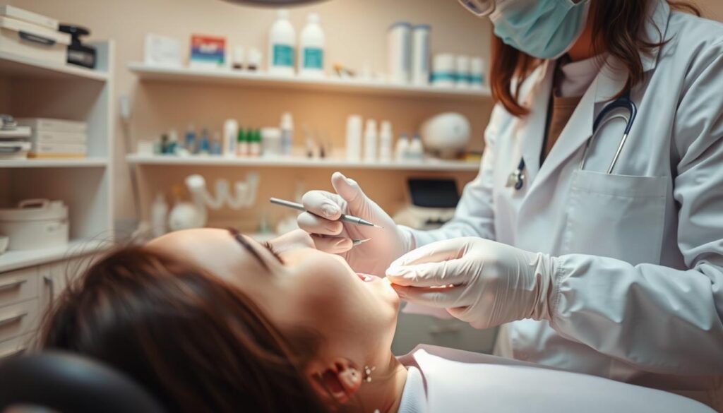 A dentist in a professional white coat and gloves is performing a tooth extraction procedure, focusing on a patient relaxed in a dental chair. The foreground shows the dentist holding dental tools, while the patient’s mouth is slightly open, revealing a tooth ready for extraction. In the middle ground, shelves with dental supplies and equipment can be seen, conveying an organized clinical environment. The background features soft, warm lighting to create a calm atmosphere, contrasting with the clinical tools. The image should be captured from a slightly elevated angle to provide a clear view of the procedure, emphasizing the professionalism and care in the dental practice.