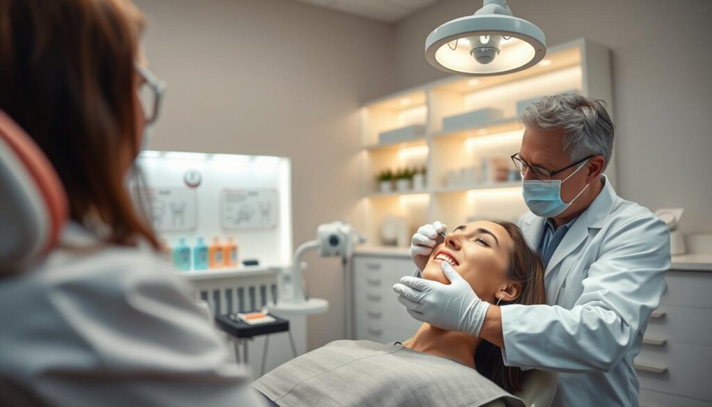 A dentist's clinic interior focused on dental treatments for enamel restoration. In the foreground, a dental chair with a patient in professional attire, looking calm and relaxed. The dentist, wearing a white coat and gloves, is gently working on the patient's teeth, demonstrating a procedure to restore enamel, such as applying a remineralization gel. In the middle ground, dental tools and equipment are neatly arranged, highlighting a modern and clean environment. The background shows bright, well-lit shelves with dental products and charts explaining enamel care. Soft, warm lighting illuminates the scene, creating a reassuring and professional atmosphere that emphasizes patient care and dental health. Capture the image from an angle that provides a clear view of the procedure in action, focusing on the expert's hands at work.