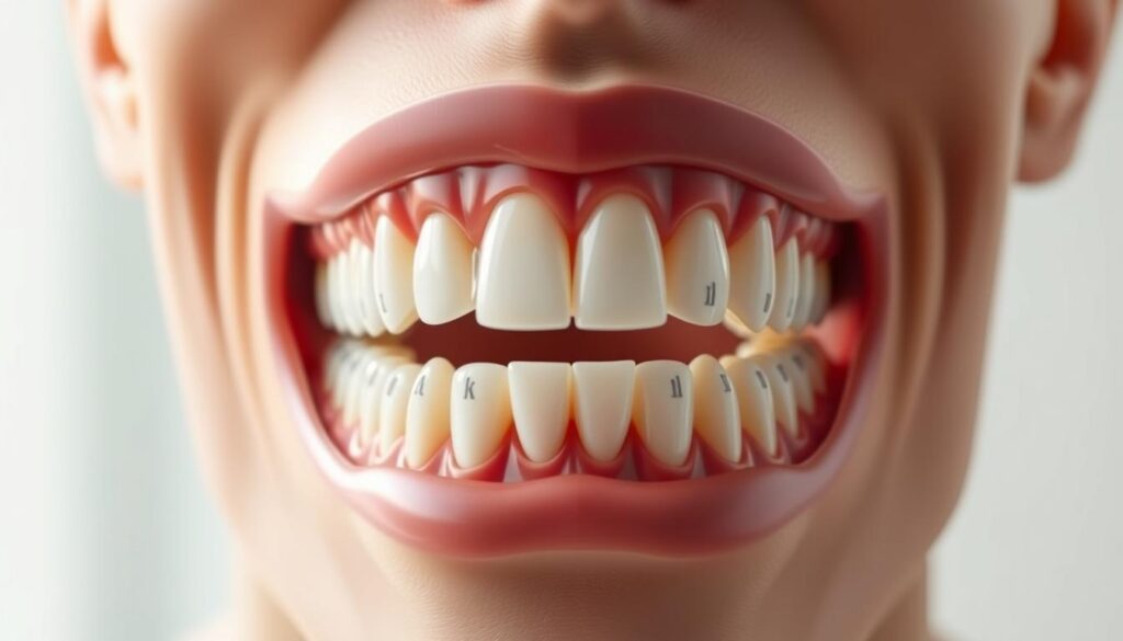 A detailed anatomical illustration of an adult human mouth showcasing a complete set of teeth, specifically focusing on the number and arrangement of adult teeth. In the foreground, prominently display well-defined molars, premolars, canines, and incisors, each clearly labeled and visually distinct. In the middle, the mouth is open at an angle that highlights the dental arch and overall symmetry of the jaw. The background should be softly blurred to emphasize the teeth and add depth to the composition. Use bright, natural lighting to illuminate the dental structures and create a clean, clinical atmosphere. The image conveys an informative and educational mood, perfect for illustrating the concept of adult dentition without any distractions or unnecessary elements. A detailed anatomical illustration of an adult human mouth showcasing a complete set of teeth, specifically focusing on the number and arrangement of adult teeth. In the foreground, prominently display well-defined molars, premolars, canines, and incisors, each clearly labeled and visually distinct. In the middle, the mouth is open at an angle that highlights the dental arch and overall symmetry of the jaw. The background should be softly blurred to emphasize the teeth and add depth to the composition. Use bright, natural lighting to illuminate the dental structures and create a clean, clinical atmosphere. The image conveys an informative and educational mood, perfect for illustrating the concept of adult dentition without any distractions or unnecessary elements.
