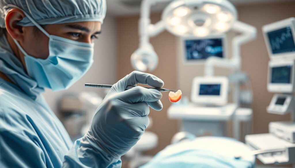 A detailed and professional surgical scene illustrating a gum grafting procedure. In the foreground, a dentist in a sterile surgical outfit, wearing a mask and gloves, is gently holding a small tissue graft with precision tools. The middle ground features an open dental surgery area with advanced dental equipment, including surgical lights and monitors displaying the patient’s vitals. The background is softly blurred, showcasing a clean, modern dental clinic. Soft, bright lighting emphasizes the cleanliness and professionalism of the environment while creating a calm, focused atmosphere. The overall mood conveys expertise and care, highlighting the intricate details of the gum grafting process without any visible patient discomfort.