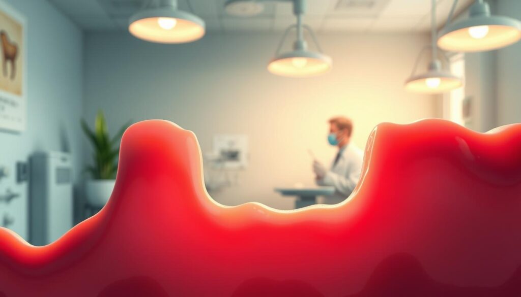 A detailed and visually engaging illustration about "myths and facts of gum regeneration." In the foreground, depict a close-up of healthy gums, showcasing a vibrant, pink hue and a smooth texture, contrasting with inflamed or receding gums in the background. The middle ground should feature soft, flowing lines connecting the two types of gums, symbolizing the transition from disease to health. The background includes a softly blurred dental clinic environment, with warm, natural lighting illuminated by overhead lamps. Include subtle elements like dental tools and a compassionate dental professional in a lab coat, observing the gums with care, conveying a sense of hope and healing. The atmosphere should be optimistic and informative, encapsulating the essence of gum health and regeneration.