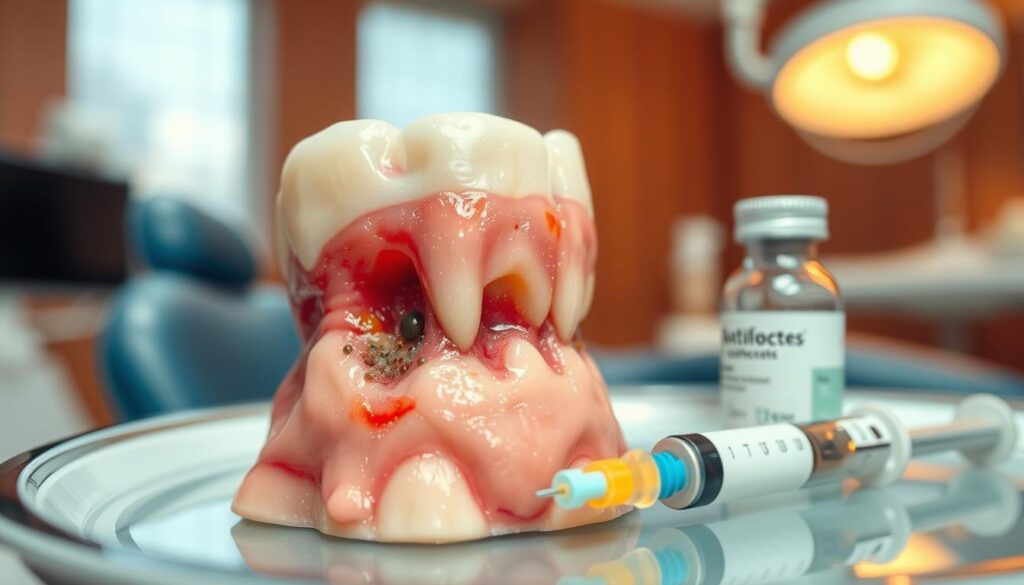 A detailed close-up of a dental scene showcasing a tooth with an abscess. The foreground features a swollen gum around the tooth, exhibiting redness and inflammation, while a nearby syringe and vial of antibiotics are subtly included to suggest treatment options. In the middle ground, tools like dental mirrors and forceps rest on a tray, emphasizing a clinical environment. The background should have a softly blurred dental examination room with warm, inviting lighting to create an atmosphere of care and professionalism. The overall mood should be informative and reassuring, aimed at educating viewers about effective antibiotic treatments for dental abscesses. No people should be visible in the image.