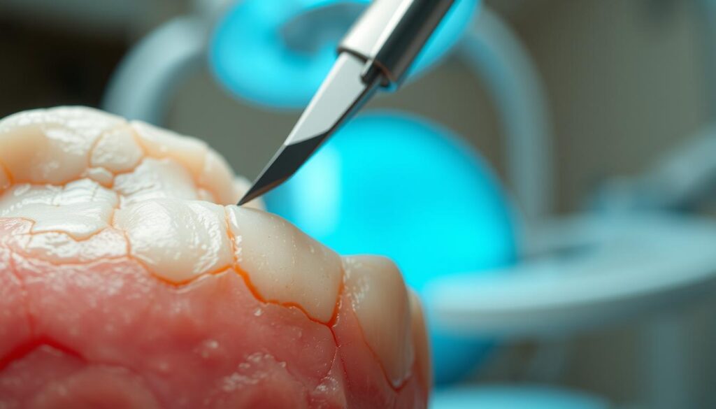 A detailed close-up of weakened tooth enamel, showcasing a magnified view of a tooth with visible signs of erosion and discoloration. The foreground features a tooth with irregular, dull surfaces and tiny cracks, presenting textures that indicate damage. In the middle ground, a dental tool, like a dental explorer, is gently hovering above the tooth, suggesting examination. The background is softly blurred, evoking a clinical environment, with hints of dental equipment and a soothing blue light illuminating the scene. The mood is calm yet informative, aimed at illustrating dental health concerns. Use natural lighting to highlight the tooth's irregularities, captured from a slightly angled perspective to enhance depth.