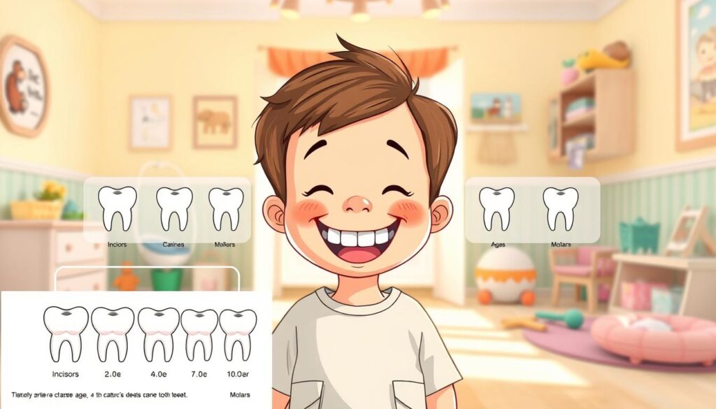 A detailed, colorful illustration showcasing the sequence of how children’s teeth emerge, emphasizing the various types of teeth: incisors, canines, and molars. In the foreground, display a playful chart with dental illustrations, incorporating a smiling cartoon child demonstrating a toothy grin, wearing modest casual clothing. In the middle ground, include semi-transparent diagrams indicating the typical age range for the emergence of each tooth type. The background should feature a bright and cheerful nursery setting with soft pastel colors, toys, and dental care items to create a warm atmosphere. Ensure the lighting is soft and inviting, mimicking natural daylight to enhance the cheerful mood. The overall composition should be clear and educational while maintaining an engaging aesthetic. A detailed, colorful illustration showcasing the sequence of how children’s teeth emerge, emphasizing the various types of teeth: incisors, canines, and molars. In the foreground, display a playful chart with dental illustrations, incorporating a smiling cartoon child demonstrating a toothy grin, wearing modest casual clothing. In the middle ground, include semi-transparent diagrams indicating the typical age range for the emergence of each tooth type. The background should feature a bright and cheerful nursery setting with soft pastel colors, toys, and dental care items to create a warm atmosphere. Ensure the lighting is soft and inviting, mimicking natural daylight to enhance the cheerful mood. The overall composition should be clear and educational while maintaining an engaging aesthetic.