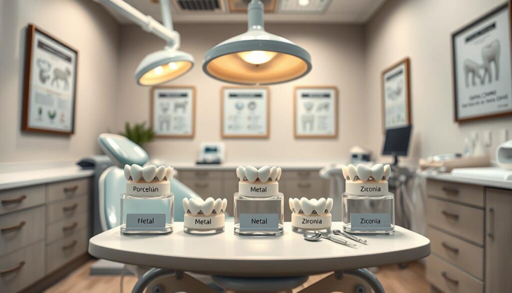 A detailed dental clinic scene showcasing the various costs associated with dental crowns. In the foreground, display a polished dental chair with a shining dental lamp overhead, creating a warm, welcoming glow. In the middle ground, arrange a clear display of different dental crowns, including porcelain, metal, and zirconia options, each labeled with their respective prices. Surround these items with dental tools for added context. The background should feature a calm, organized dental office environment with soft-colored walls and framed educational posters about dental crowns. Use soft, diffused lighting to enhance feelings of professionalism and care, capturing the mood of a trusted medical setting. The perspective should be from a slightly elevated angle to provide a comprehensive view of the scene without any text or labels.