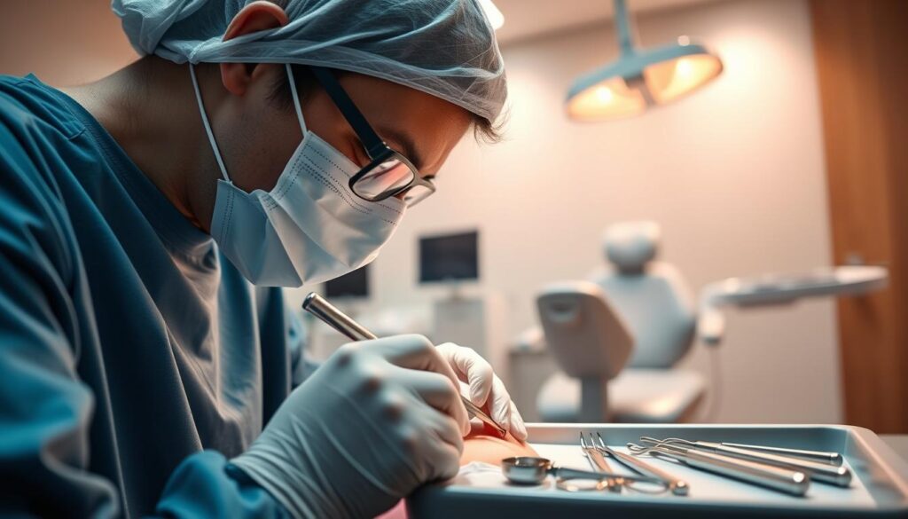 A detailed dental procedure scene illustrating gum stitching after tooth extraction. In the foreground, a close-up of a dental professional, dressed in surgical scrubs and a mask, delicately performing the stitching on a patient's gum using precise tools. The middle ground features a well-lit dental examination room with sterilized instruments placed neatly on a tray and a dental chair in an inviting position. The atmosphere is calm and professional, enhancing the mood of a meticulous surgical process. Soft, warm lighting from overhead fixtures highlights the scene, creating an environment of care and professionalism. The background should convey a sense of cleanliness and order, typical of a modern dental clinic.