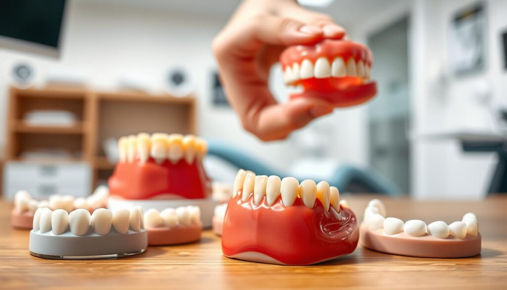 A detailed dental prosthesis displayed prominently in the foreground, showcasing various types of dentures, including partial and complete dentures, arranged artistically on a wooden surface. In the middle ground, a dentist's hand is gently holding a dental model with fit prosthetic teeth, demonstrating the precision required in fitting. The background features a bright, clean dental clinic environment with soft natural lighting, emphasizing a professional and calm atmosphere. The lens focuses sharply on the dental models while softly blurring the background. The mood conveys a sense of trust and professionalism, suitable for an informative article section about the costs and types of dental prosthetics. A detailed dental prosthesis displayed prominently in the foreground, showcasing various types of dentures, including partial and complete dentures, arranged artistically on a wooden surface. In the middle ground, a dentist's hand is gently holding a dental model with fit prosthetic teeth, demonstrating the precision required in fitting. The background features a bright, clean dental clinic environment with soft natural lighting, emphasizing a professional and calm atmosphere. The lens focuses sharply on the dental models while softly blurring the background. The mood conveys a sense of trust and professionalism, suitable for an informative article section about the costs and types of dental prosthetics.