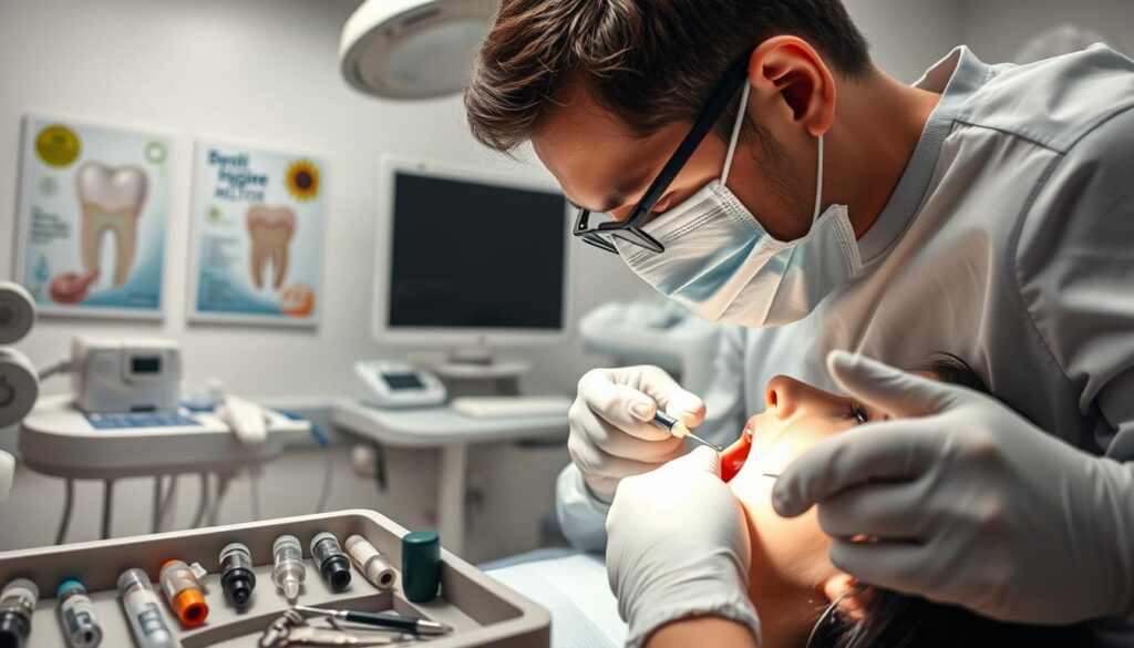 A detailed dental surgery scene showcasing a tooth extraction procedure. In the foreground, a dentist wearing professional attire, including a face mask and gloves, is gently extracting a molar from a patient, who is seated in a dental chair, looking calm and relaxed. The dentist employs precise tools, and the lighting is bright and clinical, emphasizing the details of the instruments. In the middle ground, various dental equipment like syringes, suction devices, and patient monitors are visible on a tray. The background features a well-lit dental office with posters of dental hygiene on the walls. The atmosphere is sterile yet reassuring, conveying a sense of professionalism and care in a dental setting. The angle captures the action in a dynamic way, providing an informative view of the extraction process.