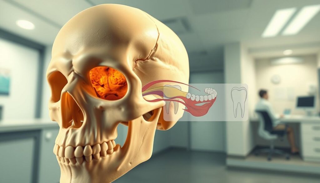A detailed illustration depicting the connection between dental inflammation and sinusitis. In the foreground, feature a close-up view of a human skull, highlighting areas of dental infection in the upper-right molars. The middle ground should display an anatomical diagram of the sinus cavities adjacent to the infected teeth, emphasizing the potential expansion of inflammation. In the background, softly blurred images of a dental clinic and a sinus doctor's office create an informative yet approachable atmosphere. The lighting should be soft and clinical, simulating a medical environment. Use a shallow focus to draw attention to the dental and sinus connections, conveying a mood of clinical investigation and understanding.