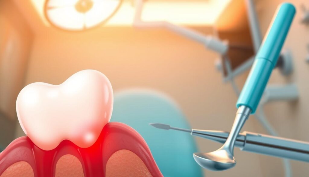 A detailed illustration depicting the symptoms of dental periostitis, focusing on a close-up view of an inflamed tooth and surrounding gum tissue. In the foreground, showcase the tooth with visible redness and swelling, emphasizing the painful area, with a slight glow to indicate inflammation. In the middle ground, include medical tools like a dental mirror and probe, symbolizing examination. The background features a softly blurred dental clinic setting, bathed in warm, inviting lighting that creates a serene atmosphere. Angle the composition slightly upward to capture both the tooth and tools effectively. The image should project a professional and educational mood, suitable for a medical article, while remaining informative and clear without any text or overlays.