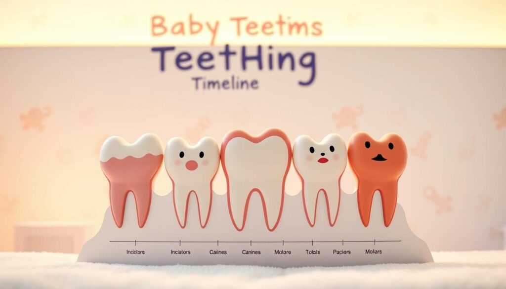 A detailed illustration of a baby’s teething timeline, featuring a whimsical chart. In the foreground, include a vibrant and playful depiction of various baby teeth with labels for each stage of teething, such as incisors, canines, and molars. In the middle ground, create a soft, pastel-colored background with subtle patterns of baby-related items like rattles and pacifiers, enhancing the theme of infant care. Utilize warm, soothing lighting to evoke a calm atmosphere, reminiscent of a cozy nursery. The angle should be slightly above eye-level to provide a clear view of the teeth and the chart, ensuring the image feels inviting and educational. The overall mood should be nurturing and informative, without any text or distractions.