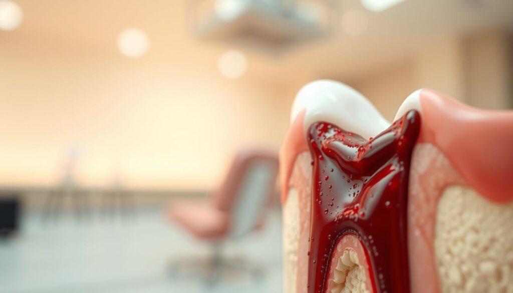 A detailed illustration of a blood clot inside a tooth socket after a tooth extraction. In the foreground, show a close-up of the tooth root, highlighting the blood clot with vivid red and dark brown hues, capturing its texture and organic appearance. In the middle ground, illustrate the surrounding gum tissue in a natural pale pink, featuring slight inflammation to emphasize the healing process. The background should be softly blurred to depict an abstract dental clinic environment with warm, diffused lighting, evoking a calm and clinical atmosphere. Use a macro lens perspective to enhance the details of the clot and the socket. Maintain a professional and informative mood suitable for a medical educational context.