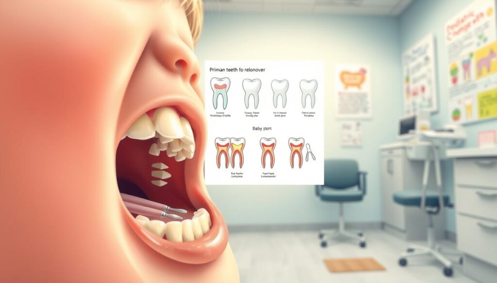 A detailed illustration of the process of transitioning from primary teeth to permanent teeth in a child's mouth. In the foreground, depict a close-up of a child's mouth showing both baby teeth and emerging adult teeth, highlighting the dental changeover. The middle ground should feature a close-up of dental tools and diagrams showing the stages of tooth eruption. The background can depict a pediatric dentist's office with colorful decorations and informative posters about dental health. Soft, natural lighting illuminates the scene, creating a warm and educational atmosphere. The angle should be slightly overhead, focusing on the child's dental transformation. The overall mood should be reassuring and informative, aimed at educating parents about this developmental stage. A detailed illustration of the process of transitioning from primary teeth to permanent teeth in a child's mouth. In the foreground, depict a close-up of a child's mouth showing both baby teeth and emerging adult teeth, highlighting the dental changeover. The middle ground should feature a close-up of dental tools and diagrams showing the stages of tooth eruption. The background can depict a pediatric dentist's office with colorful decorations and informative posters about dental health. Soft, natural lighting illuminates the scene, creating a warm and educational atmosphere. The angle should be slightly overhead, focusing on the child's dental transformation. The overall mood should be reassuring and informative, aimed at educating parents about this developmental stage.