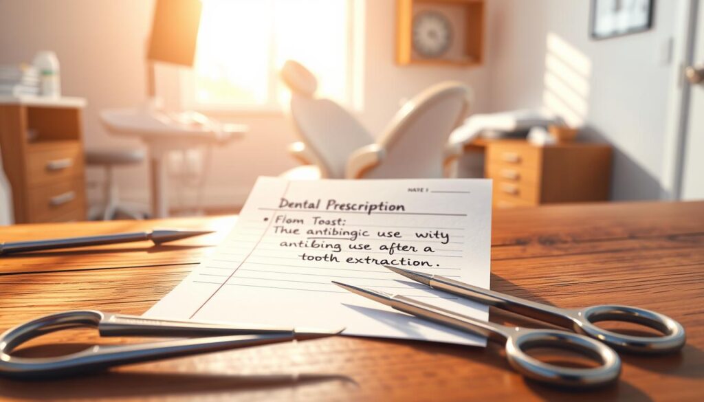 A detailed illustration showcasing a close-up of a dental prescription pad placed on a wooden table, featuring a handwritten note with instructions about antibiotic use after a tooth extraction. In the foreground, a pair of professional dental tools (forceps, scissors) is neatly arranged. The middle layer highlights a clean dental clinic background with a dental chair and soft lighting creating a calm atmosphere. The scene is bathed in warm, natural light streaming through a window, casting gentle shadows. The angle captures an inviting, informative mood aimed at educating patients about post-extraction care. The overall composition evokes a sense of professionalism and importance regarding health guidance.
