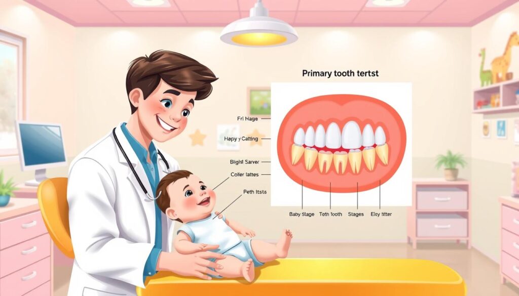 A detailed illustration showcasing the order of primary tooth emergence in infants. In the foreground, a friendly pediatric dentist is examining a smiling baby, seated on a bright, cheerful examination table adorned with colorful toys. The middle layer features a large, clear, anatomical diagram of a baby’s mouth, highlighting the different stages of tooth eruption, with each tooth labeled in a visually distinctive way. The background shows a cozy pediatric dental office with soft pastel colors, gentle lighting, and playful wall decorations like cartoon animals. The atmosphere is warm and reassuring, inviting parents to understand the tooth development process. The focus should be on the interaction between the dentist and the baby, emphasizing care and expertise without any distractions.
