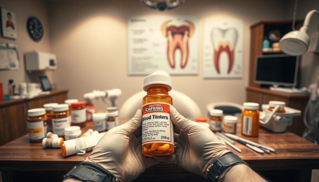 A detailed medical setting showcasing a dentist's office, focusing on a wooden desk cluttered with various prescription medications labeled with caution signs, such as blood thinners, anti-inflammatory drugs, and herbal supplements. In the foreground, a pair of gloved hands display a pill bottle with a visible warning label, symbolizing medications that should be avoided before tooth extraction. The middle ground features dental tools and a dental chair with soft lighting, creating a calm yet serious atmosphere. In the background, a large poster on the wall illustrates a human mouth and tooth anatomy, emphasizing the importance of dental care. The image is well-lit with soft, diffused lighting to maintain a professional tone, captured at eye level to engage the viewer.