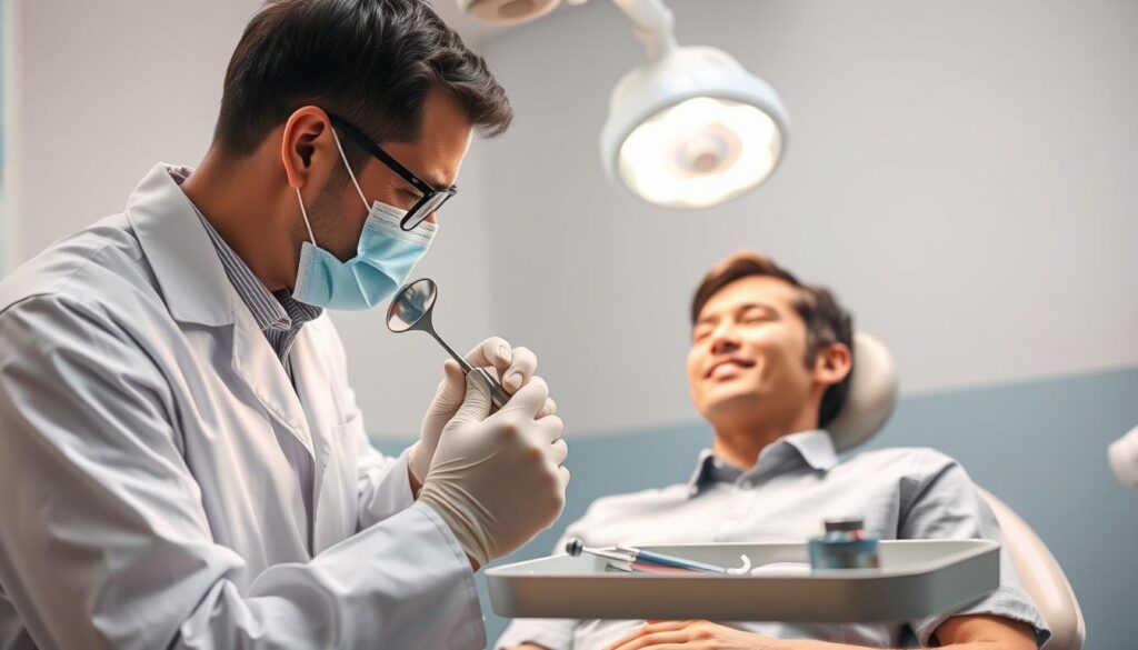 A focused dental treatment scene illustrating "gum bleeding treatment". In the foreground, a professional dentist in a white coat, wearing gloves, is carefully examining a patient's gums with a dental mirror, showcasing dental tools on a tray nearby. The patient, dressed in a modest casual shirt, appears relaxed in a dental chair, with a concerned yet hopeful expression. In the middle, bright dental lights illuminate the area, highlighting the dentist's meticulous work. The background features soft colors, including light blues and whites, typical of a clean and welcoming dental office. The mood should evoke a sense of professionalism and care, emphasizing the importance of treating gum issues. The angle should be slightly elevated to capture both the dentist and the patient effectively.