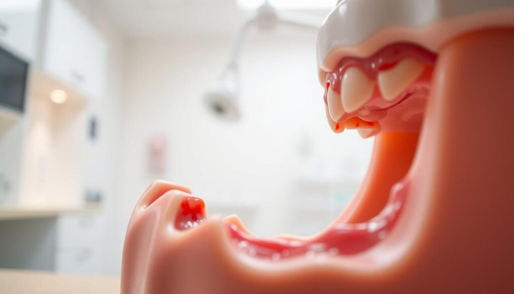 A focused, professional illustration depicting a close-up view of inflamed, bleeding gums, specifically tailored for pregnant individuals. The foreground features a dental model or anatomical representation of gums with visible redness and irritation. In the middle, incorporate soft, diffused lighting to create a warm, clinical atmosphere, symbolizing care and concern. The background should be a blurred dental clinic setting with light colors to enhance a sense of safety and professionalism. The overall mood conveys a sense of awareness and health education, inviting viewers to understand the importance of gum health during pregnancy. The image should be devoid of any text, ensuring a clean presentation suitable for an informative article.
