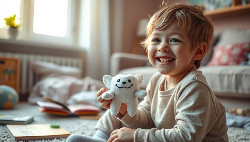 A gentle, affectionate scene of a young child, around six years old, sitting on a cozy rug in a softly lit living room, showing excitement while holding a small, cheerful tooth fairy plush toy. In the foreground, the child's face is illuminated by warm, natural light from a nearby window, highlighting their bright smile revealing a missing milk tooth. Scattered around are colorful children's books and a few dental-themed toys to represent the topic of milk teeth erupting. In the background, soft pastel-colored walls add to the comforting atmosphere. The mood is playful and joyful, emphasizing the milestone of losing baby teeth, capturing the innocence and wonder of childhood. The image conveys a sense of warmth and familial love without any distractions. A gentle, affectionate scene of a young child, around six years old, sitting on a cozy rug in a softly lit living room, showing excitement while holding a small, cheerful tooth fairy plush toy. In the foreground, the child's face is illuminated by warm, natural light from a nearby window, highlighting their bright smile revealing a missing milk tooth. Scattered around are colorful children's books and a few dental-themed toys to represent the topic of milk teeth erupting. In the background, soft pastel-colored walls add to the comforting atmosphere. The mood is playful and joyful, emphasizing the milestone of losing baby teeth, capturing the innocence and wonder of childhood. The image conveys a sense of warmth and familial love without any distractions.