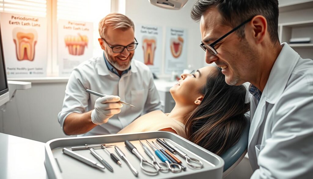 A highly detailed dental office scene showcasing a professional gum disease treatment session. In the foreground, a dentist in a lab coat and gloves carefully examines a patient's gums with a dental mirror and probe, displaying an attentive expression. The patient, seated in a modern dental chair, has a calm demeanor, dressed in a simple, casual shirt. In the middle, the dental tools are meticulously arranged on a sterile tray, including specialized instruments for periodontal treatment. In the background, soft-lit medical posters about gum health adorn the walls, and a window allows natural light to filter in, creating a serene atmosphere. The space is organized and clean, enhancing the feeling of professionalism and care in dental health.