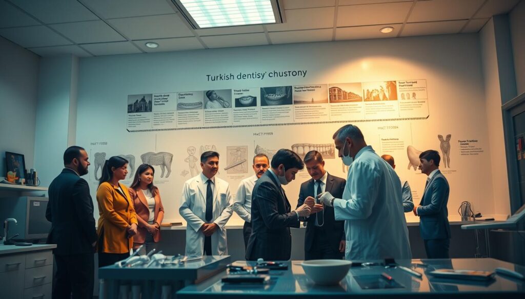 A historical representation of Turkish dentistry's evolution, featuring a well-lit dental clinic in the foreground with modern and traditional dental tools displayed. In the middle, a diverse group of professionals in modest business attire, including an experienced dentist examining a patient's teeth. In the background, a timeline mural illustrating significant milestones in Turkish dental history, with faded images of ancient dental practices and notable breakthroughs. The lighting is warm and inviting, casting soft shadows, while the camera angle is slightly angled downwards for a dynamic perspective. The mood is informative and respectful, capturing the essence of Turkish dental heritage and its significance in medicine. A historical representation of Turkish dentistry's evolution, featuring a well-lit dental clinic in the foreground with modern and traditional dental tools displayed. In the middle, a diverse group of professionals in modest business attire, including an experienced dentist examining a patient's teeth. In the background, a timeline mural illustrating significant milestones in Turkish dental history, with faded images of ancient dental practices and notable breakthroughs. The lighting is warm and inviting, casting soft shadows, while the camera angle is slightly angled downwards for a dynamic perspective. The mood is informative and respectful, capturing the essence of Turkish dental heritage and its significance in medicine.