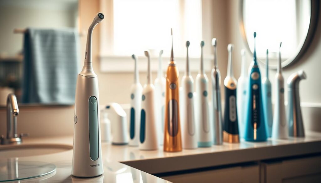 A modern bathroom countertop featuring various popular water flossers and dental irrigators displayed neatly. In the foreground, a sleek, high-quality irrigator, elegantly designed, stands out with its nozzle angled towards the viewer, showcasing functionality. In the middle, an organized arrangement of different models, each distinct in color and material, with glossy finishes and ergonomic designs. The background is softly blurred, hinting at a cozy bathroom setting with warm lighting, reflecting a serene atmosphere. Natural light filters through a window, creating a gentle sparkle on the devices. The overall mood is inviting and informative, illustrating the effectiveness of these dental care tools without any text or distractions.