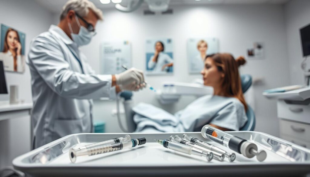 A modern dental clinic setting in bright, sterile lighting. In the foreground, a dental professional in a white lab coat and gloves is carefully administering local anesthesia to a patient in a dental chair. The patient, dressed in a hospital gown, looks calm yet slightly anxious, illustrating the emotional aspect of dental treatment. In the middle ground, dental instruments are neatly arranged on a tray, with a close-up view of a syringe and other tools related to root canal therapy. The background features a clean, clinical environment with dental posters and equipment, creating a professional atmosphere. The overall mood is focused and informative, highlighting the importance of pain management in dental procedures. A modern dental clinic setting in bright, sterile lighting. In the foreground, a dental professional in a white lab coat and gloves is carefully administering local anesthesia to a patient in a dental chair. The patient, dressed in a hospital gown, looks calm yet slightly anxious, illustrating the emotional aspect of dental treatment. In the middle ground, dental instruments are neatly arranged on a tray, with a close-up view of a syringe and other tools related to root canal therapy. The background features a clean, clinical environment with dental posters and equipment, creating a professional atmosphere. The overall mood is focused and informative, highlighting the importance of pain management in dental procedures.