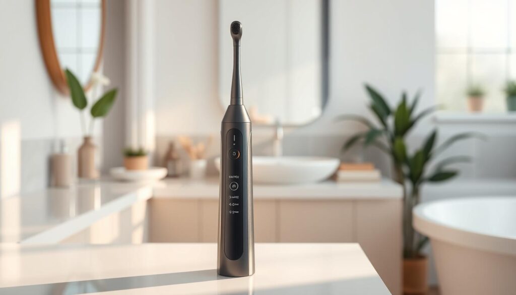 A modern, sleek dental irrigator placed prominently in the foreground, showcasing its innovative design and multiple settings. The middle ground features an elegant bathroom sink with a mirror reflecting soft natural light, emphasizing the importance of dental hygiene. In the background, a calming, softly decorated bathroom with plants and warm colors to create an inviting atmosphere. The lighting is bright yet gentle, highlighting the irrigator and its features in a way that conveys trust and professionalism. The scene should evoke a sense of care and investment in personal health, appealing to individuals considering the benefits of a dental irrigator for optimal oral care.