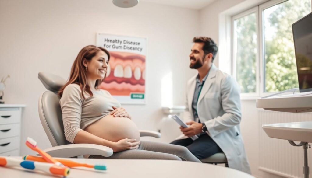 A pregnant woman in a well-lit dental clinic, sitting in a modern dental chair, smiling gently as she speaks with a dental professional in a white coat, both appearing engaged in a discussion about oral health. The foreground showcases dental tools like toothbrushes and floss, emphasizing preventative care for gum disease during pregnancy. In the middle ground, a large poster on the wall illustrates healthy gums and teeth, highlighting the importance of oral hygiene. The background features a soft, soothing color scheme with natural greenery visible through a window, creating a calm and welcoming atmosphere. The lighting is bright yet warm, enhancing the professional yet comforting mood of the scene.