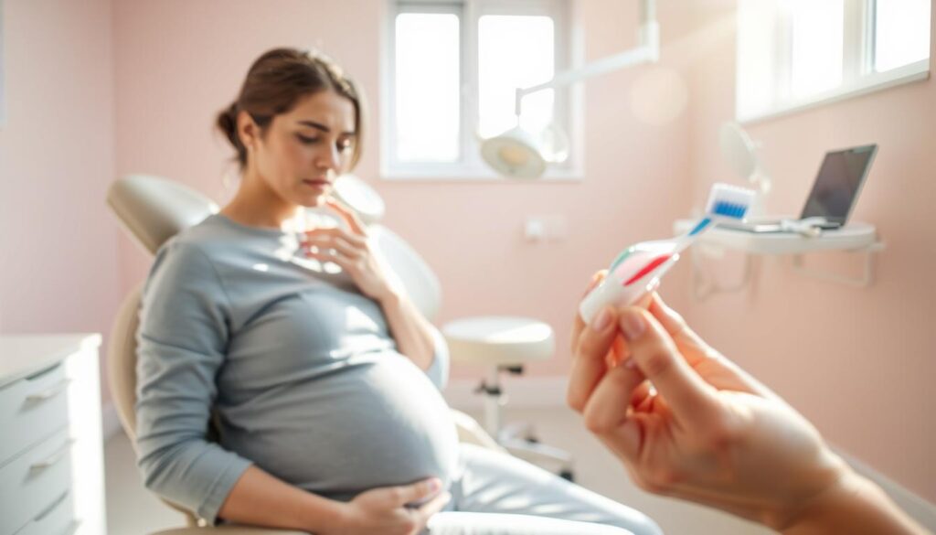 A pregnant woman sitting in a bright, well-lit dental office, showcasing a concerned expression while gently touching her face to indicate discomfort related to gum bleeding. In the foreground, a close-up of her hands holding a toothbrush, set against a pastel-colored background that suggests a calming atmosphere. In the middle, a dental examination chair and basic dental tools are visible, highlighting the context of oral health. Sunlight streams through a window, creating a warm and inviting mood, while soft focus adds a gentle touch to the scene. The overall image conveys concern for dental health during pregnancy without any text or distractions. A pregnant woman sitting in a bright, well-lit dental office, showcasing a concerned expression while gently touching her face to indicate discomfort related to gum bleeding. In the foreground, a close-up of her hands holding a toothbrush, set against a pastel-colored background that suggests a calming atmosphere. In the middle, a dental examination chair and basic dental tools are visible, highlighting the context of oral health. Sunlight streams through a window, creating a warm and inviting mood, while soft focus adds a gentle touch to the scene. The overall image conveys concern for dental health during pregnancy without any text or distractions.
