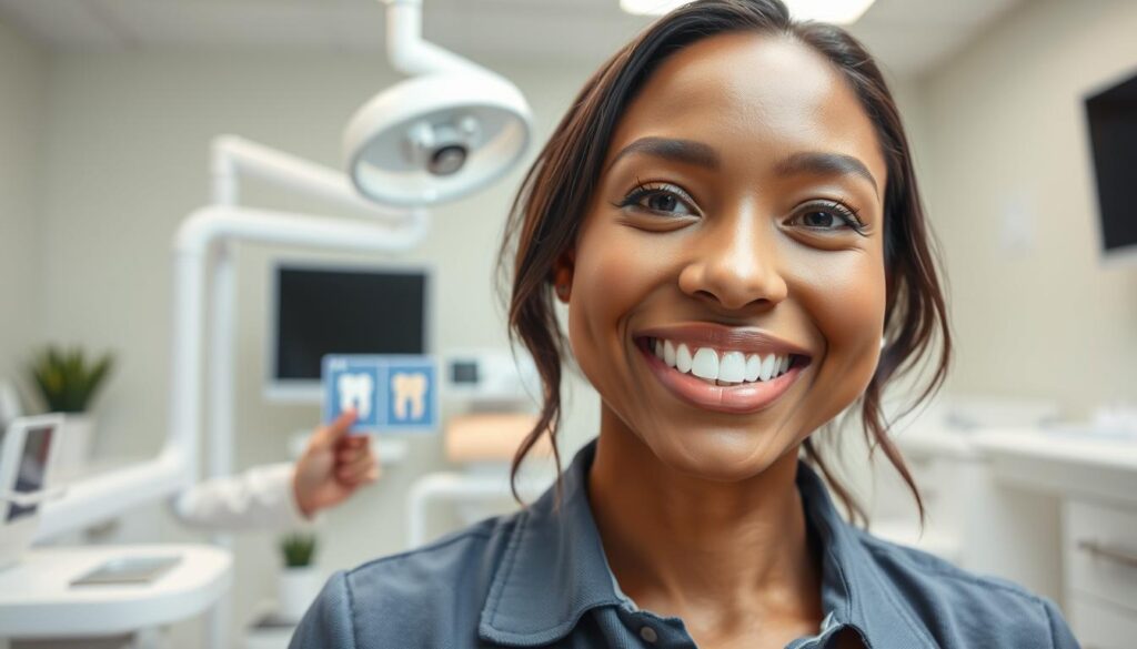 A professional dental office setting with a bright and well-lit atmosphere. In the foreground, a close-up of a confident person showing their smile, wearing smart casual attire. Their teeth display a natural shade of enamel, showcasing a comparison between a lighter A1 and slightly darker A2 color on a dental shade guide beside them. In the middle ground, a dentist, dressed in a white coat, is discussing the importance of tooth color while pointing at the shade guide, emphasizing professionalism and care. The background features dental tools and equipment, suggesting a clean and sterile environment. The overall mood is informative and inviting, with soft lighting that highlights the subject’s smile and the shade guide effectively.