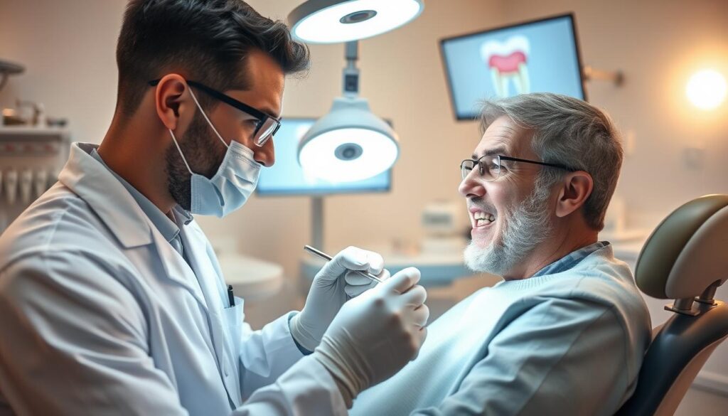 A professional dentist in a bright, well-lit clinic is carefully examining a patient's tooth to assess tooth inflammation. In the foreground, the dentist, dressed in a white lab coat and safety glasses, is using dental tools with precision. The patient, a middle-aged person, is seated in a dental chair, looking calm yet attentive, with their mouth slightly open. In the middle ground, a dental lamp shines white light over the patient’s mouth, illuminating the area of interest. In the background, various dental instruments and a monitor displaying tooth anatomy can be seen, contributing to the clinical setting. The atmosphere should convey a sense of professionalism and care, with soft, warm lighting to enhance the friendly demeanor of the dental office. No text or watermarks should be present in the image. A professional dentist in a bright, well-lit clinic is carefully examining a patient's tooth to assess tooth inflammation. In the foreground, the dentist, dressed in a white lab coat and safety glasses, is using dental tools with precision. The patient, a middle-aged person, is seated in a dental chair, looking calm yet attentive, with their mouth slightly open. In the middle ground, a dental lamp shines white light over the patient’s mouth, illuminating the area of interest. In the background, various dental instruments and a monitor displaying tooth anatomy can be seen, contributing to the clinical setting. The atmosphere should convey a sense of professionalism and care, with soft, warm lighting to enhance the friendly demeanor of the dental office. No text or watermarks should be present in the image.