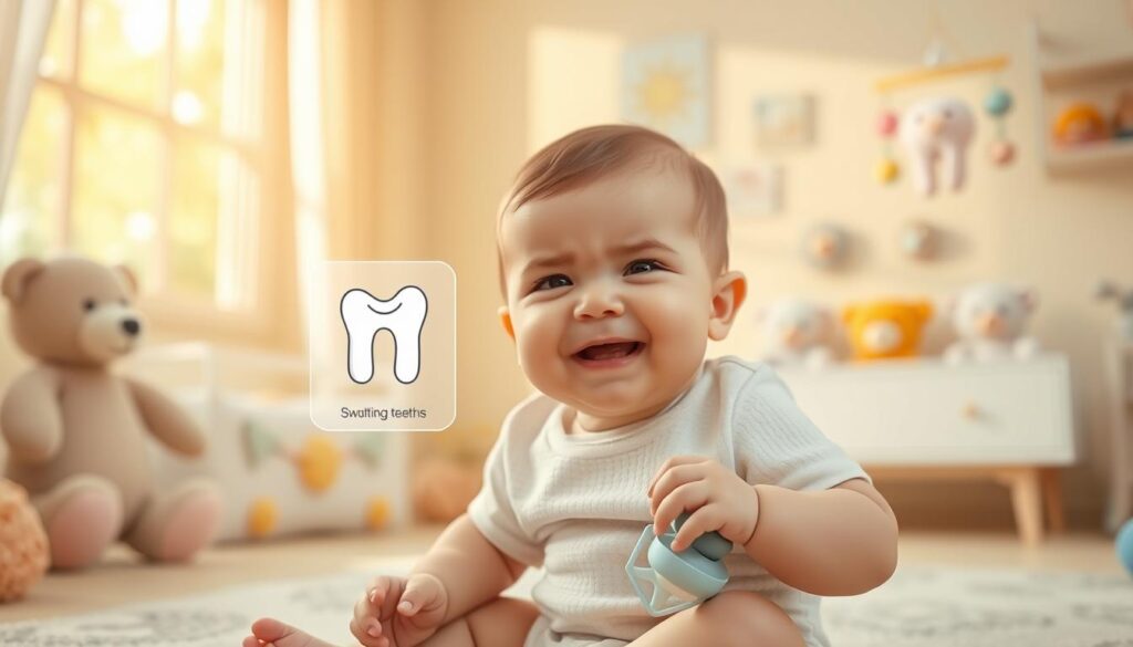 A serene and informative scene illustrating the teething stages of an infant. In the foreground, a gentle, smiling baby is sitting comfortably in a cozy, brightly lit nursery with soft pastel colors. The baby exhibits a slight frown, showcasing the discomfort of teething, while holding a soothing teething toy. In the middle ground, three semi-transparent illustrations depict key teething stages: the emergence of the first tooth, swollen gums, and a happy toothy smile. The background features soft, playful decorations like teddy bears and colorful mobiles. Warm, natural light filters through a window, creating a calming, supportive atmosphere. This image aims to resonate with parents, capturing both the challenges and joys of the teething process. A serene and informative scene illustrating the teething stages of an infant. In the foreground, a gentle, smiling baby is sitting comfortably in a cozy, brightly lit nursery with soft pastel colors. The baby exhibits a slight frown, showcasing the discomfort of teething, while holding a soothing teething toy. In the middle ground, three semi-transparent illustrations depict key teething stages: the emergence of the first tooth, swollen gums, and a happy toothy smile. The background features soft, playful decorations like teddy bears and colorful mobiles. Warm, natural light filters through a window, creating a calming, supportive atmosphere. This image aims to resonate with parents, capturing both the challenges and joys of the teething process.