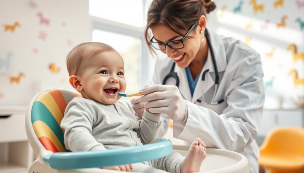 A serene and inviting scene depicting a healthcare professional gently demonstrating proper tooth brushing techniques to a smiling infant. The foreground features the baby in a colorful high chair, clad in a soft, cute onesie. In the middle ground, a friendly pediatric dentist, dressed in a clean white coat and protective gloves, leans in with a toothbrush, gently engaging with the child. The background includes a well-lit, cheerful clinic environment with soft pastel colors and child-friendly decorations, such as cartoon animals on the walls. Natural light streams through a window, creating a warm and reassuring atmosphere, while the focus is sharp on the interaction, capturing the importance of dental hygiene from an early age.