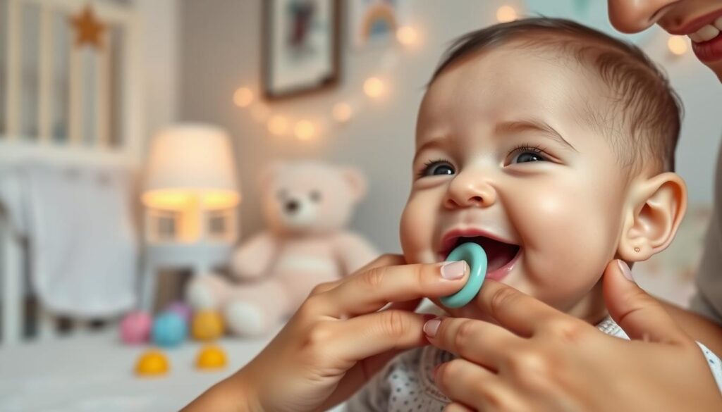 A serene baby setting featuring an infant in a cozy, softly-lit nursery during teething. The foreground showcases the baby's happy face, with a focus on gentle gum care, displaying a parent softly massaging the baby's gums with a finger or a teething toy. In the middle, include pastel colors and comforting items like a plush teddy bear and colorful baby toys. The background should depict a soothing ambiance with dimmed light coming from a nearby lamp, casting a warm glow. Capture this tender moment at a 45-degree angle, emphasizing the connection between the parent and child, creating an atmosphere of love and care during a challenging time in teething.
