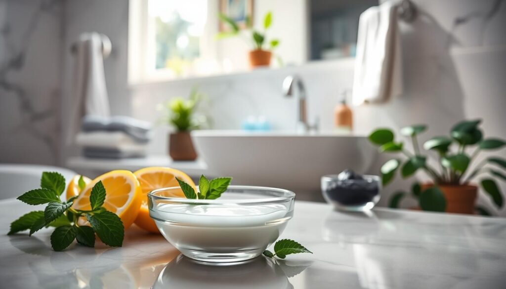 A serene bathroom setting showcasing natural teeth whitening with oil. In the foreground, a close-up of a small glass bowl filled with coconut oil, surrounded by fresh mint and lemon slices, suggesting their natural goodness. In the middle, a bright, elegant sink area featuring a toothbrush and a small container of activated charcoal, emphasizing a healthy routine. The background features soft natural light streaming through a window, illuminating the polished surfaces and creating a calming atmosphere. A towel hangs neatly on a rack, and green plants are visible, enhancing the eco-friendly vibe. The overall mood is fresh, clean, and inviting, perfect for a holistic approach to dental care.