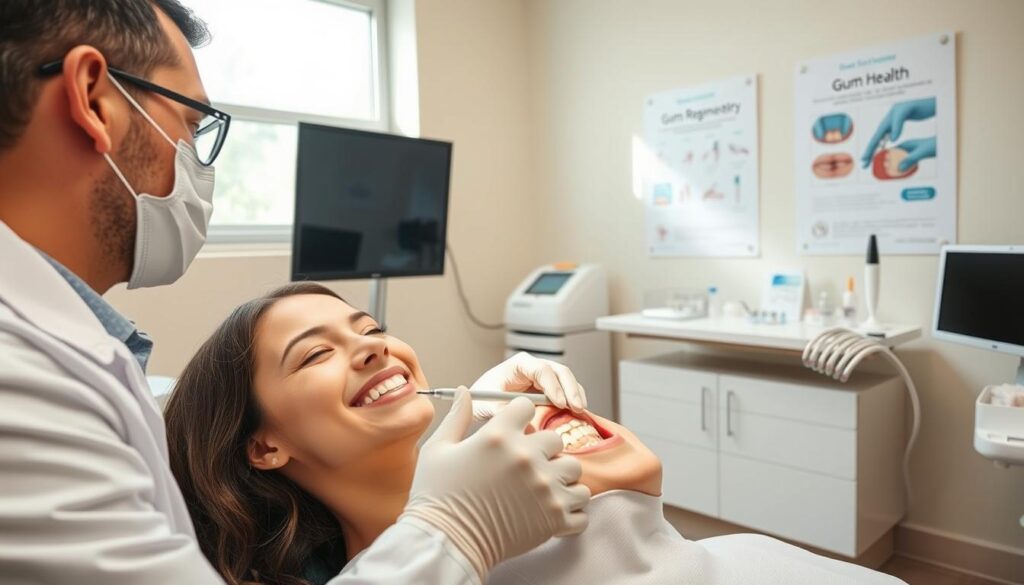A serene dental clinic setting focused on gum regeneration techniques. In the foreground, a professional dentist wearing a white coat and gloves is demonstrating a dental procedure on a patient with a gentle smile, showcasing the application of regenerative materials. In the middle, a well-organized dental workstation displays various tools and materials used for gum regeneration, such as hydrogel, dental lasers, and surgical instruments. The background features calming pastel-colored walls adorned with educational posters about gum health and regeneration methods. Soft, natural lighting filters in through a window, creating an inviting and reassuring atmosphere. The angle is slightly above eye level, emphasizing the professionalism and care involved in dental health treatments.