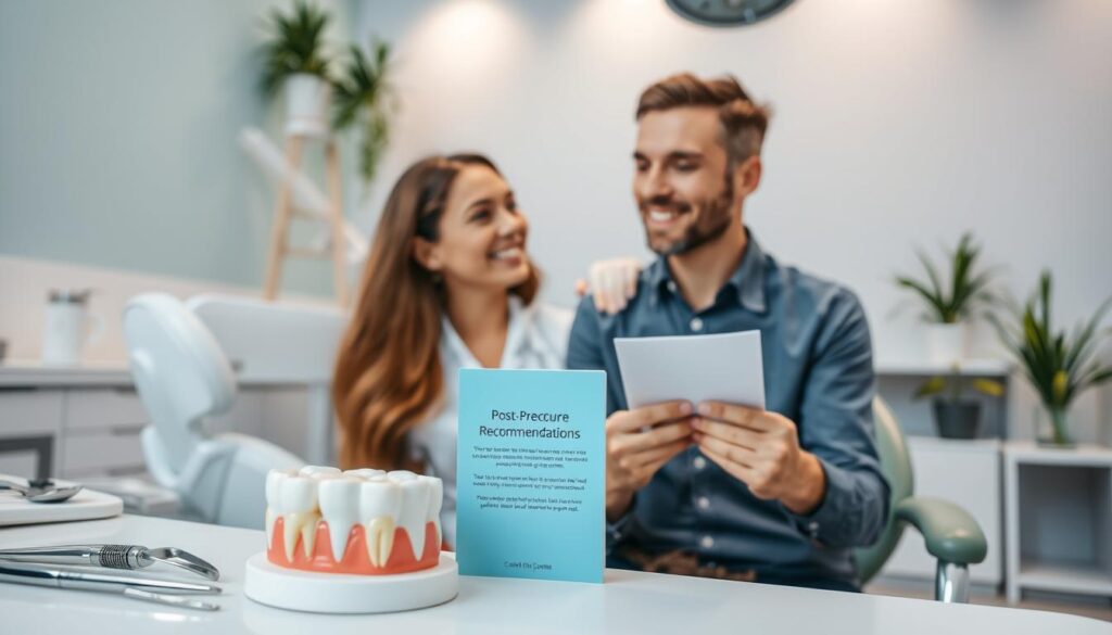 A serene dental office scene focusing on dental care after crown placement. In the foreground, a well-organized dental desk with tools, a model of teeth showing proper gum care, and a small brochure titled "Post-Procedure Recommendations" displayed clearly. In the middle, a smiling dental professional, dressed in professional attire, gently explains aftercare tips to a patient, who appears attentive and engaged. The background features calming colors with soft lighting, a dental chair, and potted plants to create a soothing atmosphere. The composition should evoke a sense of trust and reassurance, emphasizing the importance of caring for gums after treatment. The angle captures both the interaction and the inviting space, ensuring a clean, professional look without any distractions.