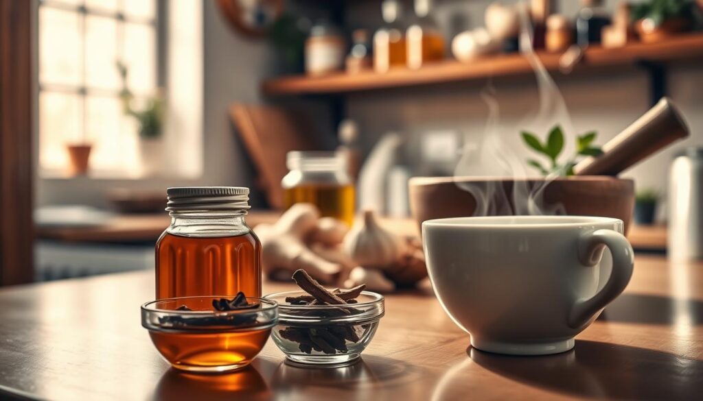 A serene home pharmacy scene featuring a cozy, well-lit kitchen counter. In the foreground, a close-up of natural remedies for toothaches: a small bowl filled with clove oil, a jar of honey, and a steaming cup of herbal tea. The middle ground includes a mortar and pestle with fresh ginger and garlic, emphasizing their healing properties. In the background, soft-focus on a rustic shelf filled with herbal remedies, creating a calming atmosphere. The lighting is warm and inviting, suggesting a relaxed, healing space. The overall mood is reassuring and comforting, perfect for conveying effective home methods to alleviate tooth pain.