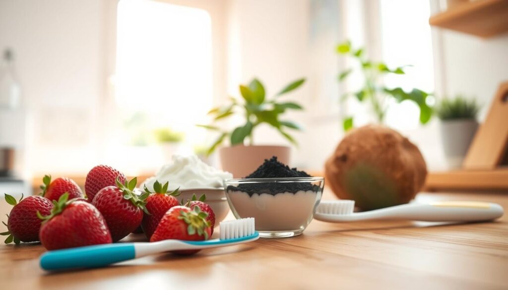 A serene kitchen scene focusing on natural dental remedies for teeth whitening. In the foreground, a wooden table displays an array of ingredients: fresh strawberries, baking soda, coconut oil, and a small glass bowl filled with activated charcoal. A toothbrush rests beside the bowl, emphasizing the home-care theme. In the middle background, a sunny window lets in soft, warm light, highlighting the vibrant colors of the ingredients. A potted plant adds a touch of greenery to the scene, enhancing the fresh and organic feel. The atmosphere is inviting and cozy, suggesting a safe space for self-care. The camera angle captures the ingredients vividly, creating a clear and engaging focal point for viewers.