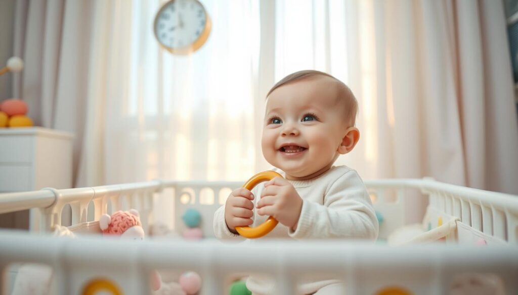 A serene scene depicting a peaceful nursery, focusing on an adorable infant sitting in a colorful playpen, surrounded by soft toys. The baby is smiling and has a teething ring in their hand, with a couple of small, shiny teeth visibly emerging. In the background, a gentle light filters through sheer curtains, creating a warm, inviting atmosphere. A wall clock shows time passing, symbolizing the duration of teething. The camera angle is slightly above the baby, capturing their joyful expression, while soft pastel colors dominate the scene for a calming effect. The overall mood is comforting and tender, ideal for illustrating the theme of infant teething.