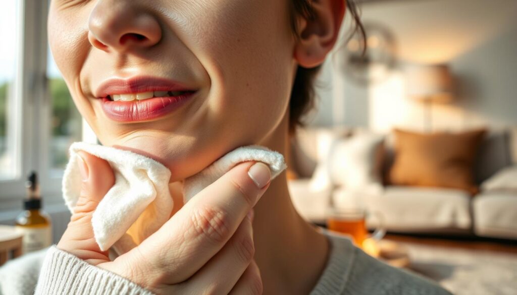 A soothing scene depicting a close-up of a person's mouth with a slight grimace, showing discomfort around the gums above a tooth. The foreground features a hand gently holding a warm compress against the cheek to alleviate pain, accompanied by a small bottle of herbal mouth rinse nearby. In the middle ground, there is a soft-focus image of calming elements like a cup of herbal tea and a small plate of soothing, healthy snacks. The background is a cozy, softly lit living room with warm colors, enhancing the feeling of comfort and relief. Soft natural light filters through a window, creating a peaceful and serene atmosphere, evoking calmness and care. The composition balances realism with a touch of warmth, inviting viewers to relate to the experience of seeking comfort from gum pain.
