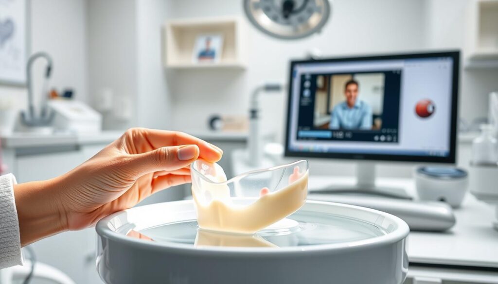 A step-by-step illustration of shaping a dental mouthguard, displayed in a clean, informative style. In the foreground, a clear, detailed close-up of hands manipulating a soft mouthguard in warm water, showing the material stretching and transforming. In the middle ground, a well-organized workspace featuring dental tools, a measuring ruler, and a computer screen with a tutorial video playing, all bathed in soft, natural light. In the background, a blurred dental clinic environment, conveying professionalism and cleanliness. The atmosphere is educational and supportive, aiming to demystify the process of fitting a mouthguard. The camera angle is slightly above eye level for a comprehensive view, focusing on the hands and materials while maintaining a light, inviting vibe.