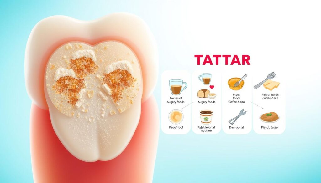 A visually informative illustration depicting the causes of tartar buildup on teeth. In the foreground, a detailed view of healthy teeth contrasted with sections showing plaque development, using close-up shots to emphasize texture. In the middle ground, an infographic-like arrangement displaying common sources of tartar, such as sugary foods, beverages like coffee and tea, and poor oral hygiene tools, set against a clean dental backdrop. The background is a soft gradient in light blue and white tones to evoke cleanliness and freshness. The lighting is bright and clinical, highlighting glossy textures of teeth, promoting an educational and health-focused atmosphere, without any human subjects or text overlays.
