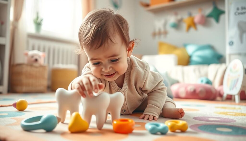 A warm and inviting scene featuring a toddler sitting on a soft, colorful play mat in a cozy room. The child, dressed in a cheerful, modest outfit, is reaching for a toy that represents a baby tooth. In the foreground, focus on the child's cute, expressive face showing curiosity and mild discomfort, with a slight smile. In the middle ground, subtle details like a variety of teething toys and a small dental chart can be seen, illustrating the process of teething. The background includes a softly lit nursery with pastel colors, gentle sunlight streaming through a window, creating a peaceful and nurturing atmosphere. Emphasize a sense of wonder and exploration, capturing the emotional experience of teething in early childhood.