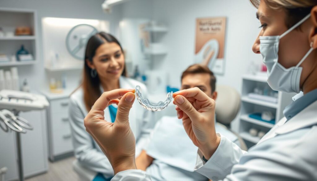 A well-lit dental clinic scene, featuring a professional dentist in a white coat, fitting a clear dental mouthguard onto a patient sitting in a dental chair. In the foreground, close-up of the dentist's hands delicately handling the mouthguard, showcasing its transparent, flexible material. In the middle ground, the patient is sitting relaxed with a thoughtful expression, wearing modest casual clothing. Surrounding them, dental instruments, a mirror, and soft lighting create a clinical but welcoming atmosphere. The background highlights shelves with dental care products and posters about oral health. The perspective is slightly elevated to capture both faces and create a sense of engagement and professionalism, providing a clear and educational depiction of the mouthguard fitting process.